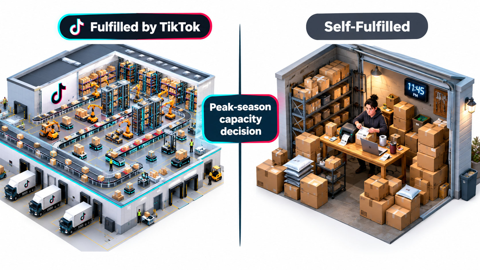 Split illustration comparing a large Fulfilled by TikTok warehouse with a small seller self-fulfilling orders in a garage late at night