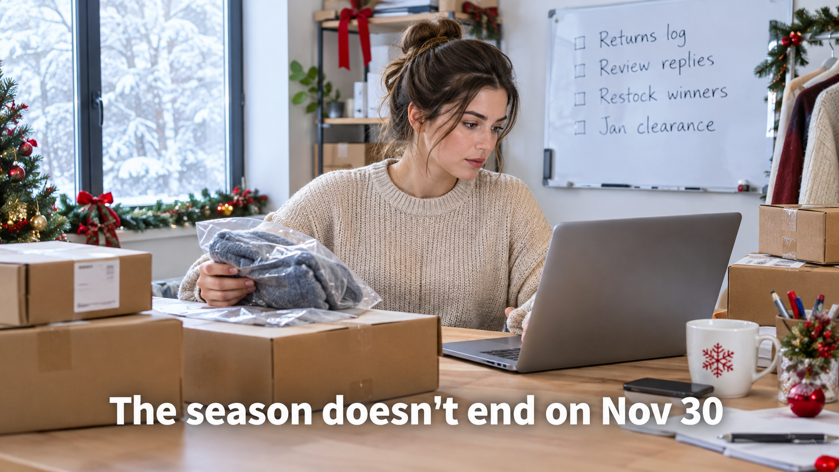 Seller processing returns and reading reviews in January with a whiteboard listing returns log, review replies, restock winners and January clearance