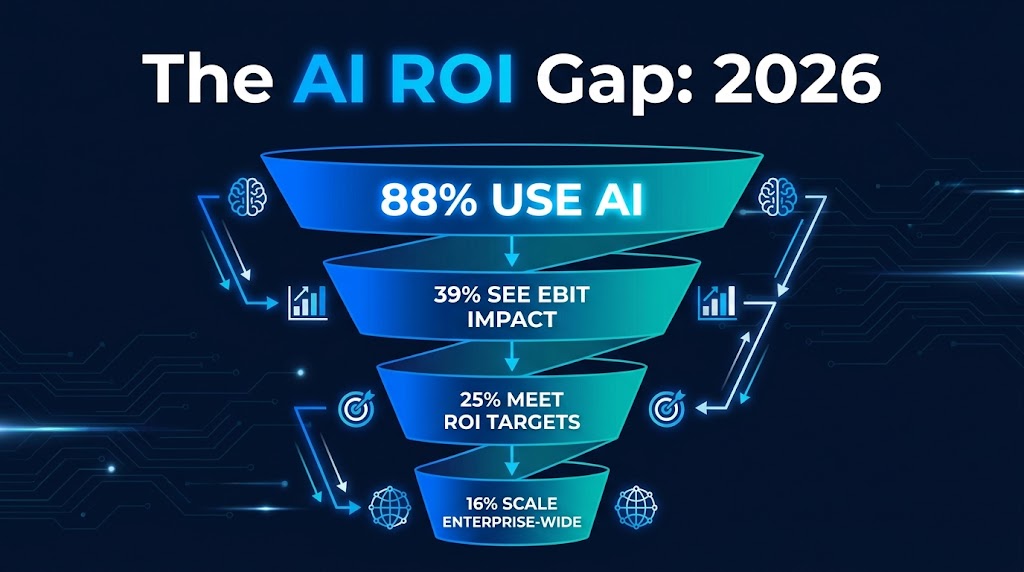 The AI ROI Gap 2026 funnel infographic showing 88% use AI but only 16% scale enterprise-wide