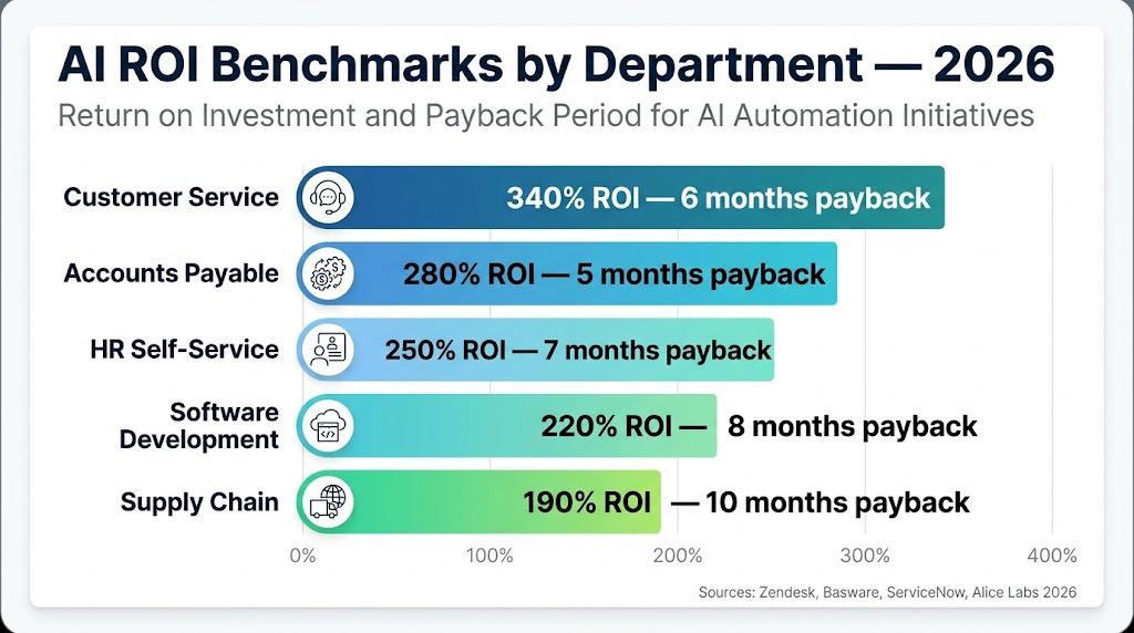 AI automation ROI benchmarks by business department 2026 bar chart comparison