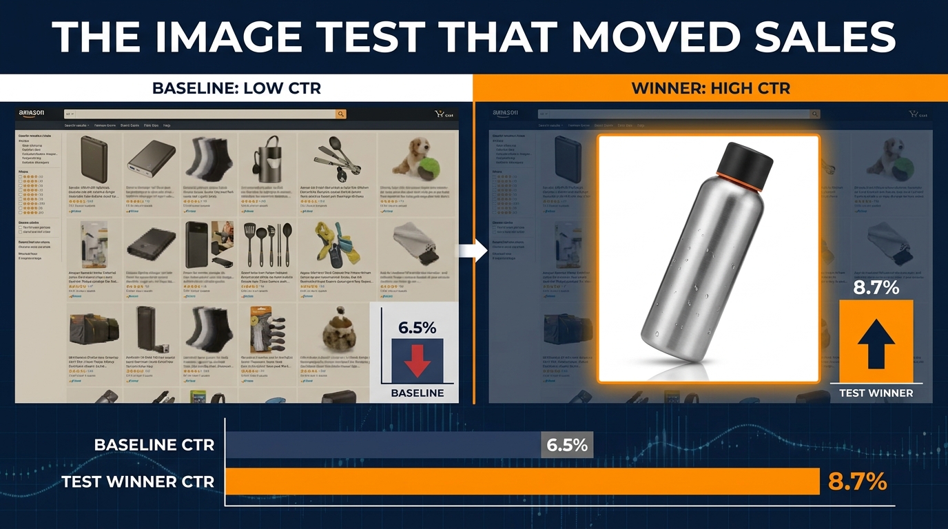 Amazon product image CTR testing split screen showing baseline vs. winning image with +34% CTR result