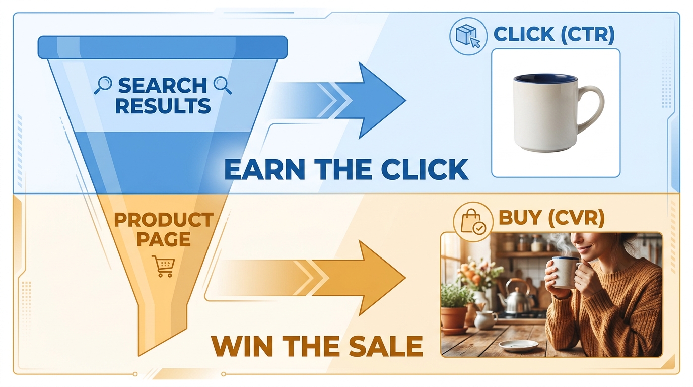 Two-stage image funnel infographic: Earn the Click with main image, Win the Sale with secondary images