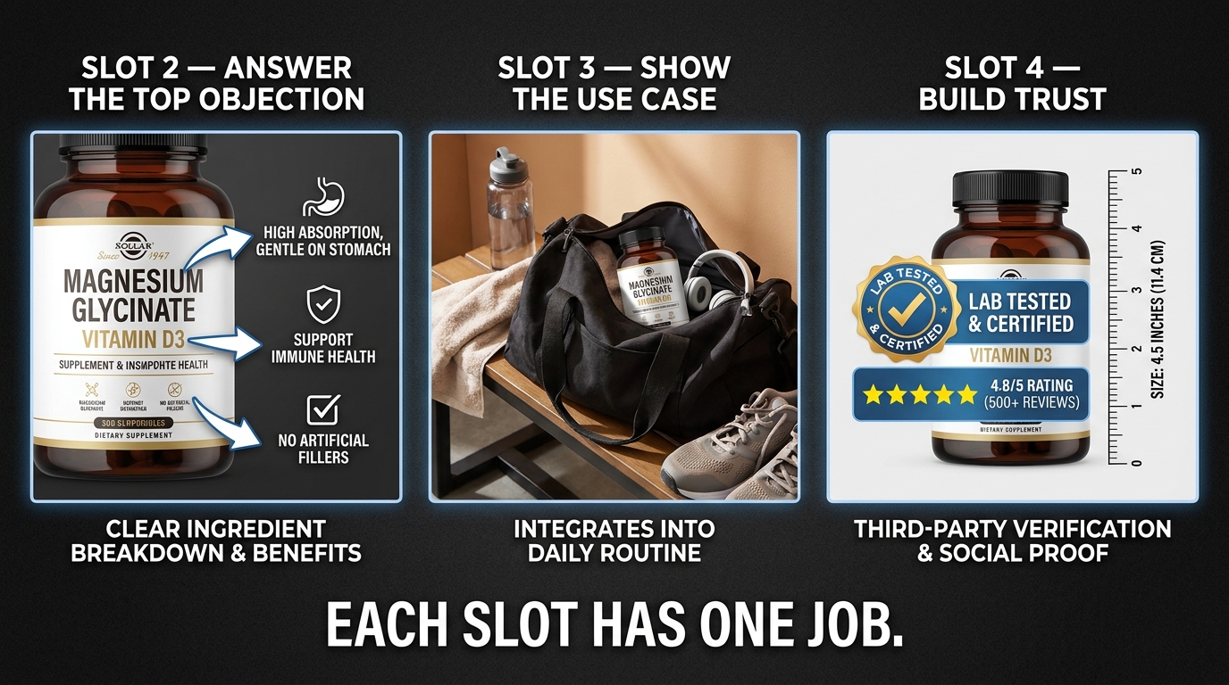 Three Amazon secondary image slots each with a distinct job: answer objection, show use case, build trust