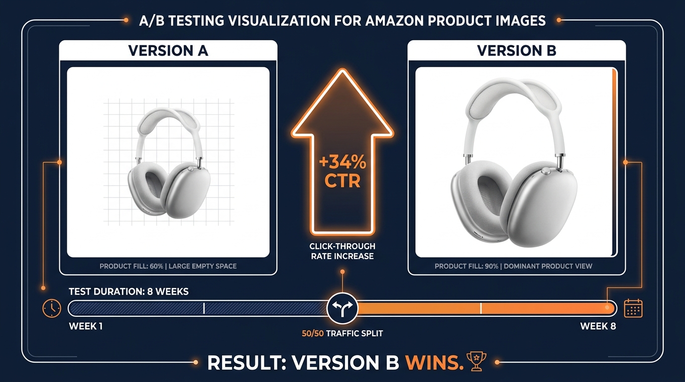 A/B test visualization showing Version A vs Version B image with +34% CTR result after 8-week 50/50 split test