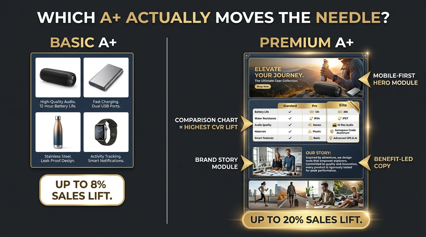 Premium A+ vs Basic A+ comparison infographic showing sales lift benchmarks and key conversion-driving modules