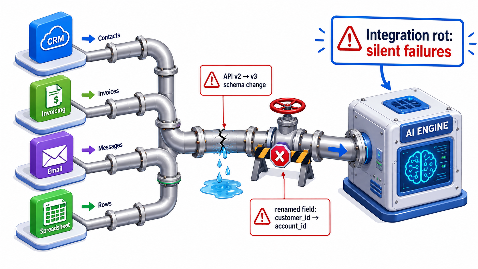Isometric diagram of pipes connecting CRM, invoicing, email and spreadsheet apps to an AI engine, with a cracked joint labeled API schema change and a blocked pipe labeled renamed field
