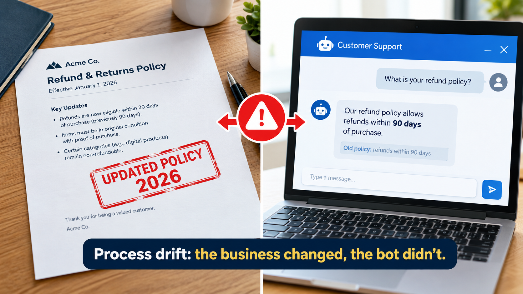 Split image of an updated 2026 company policy document next to a laptop chatbot still quoting an old refund policy, captioned the business changed, the bot didn't