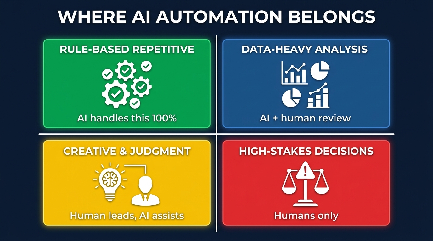 Four-quadrant diagram showing where AI automation belongs: rule-based repetitive tasks, data-heavy analysis, creative judgment work, and high-stakes decisions