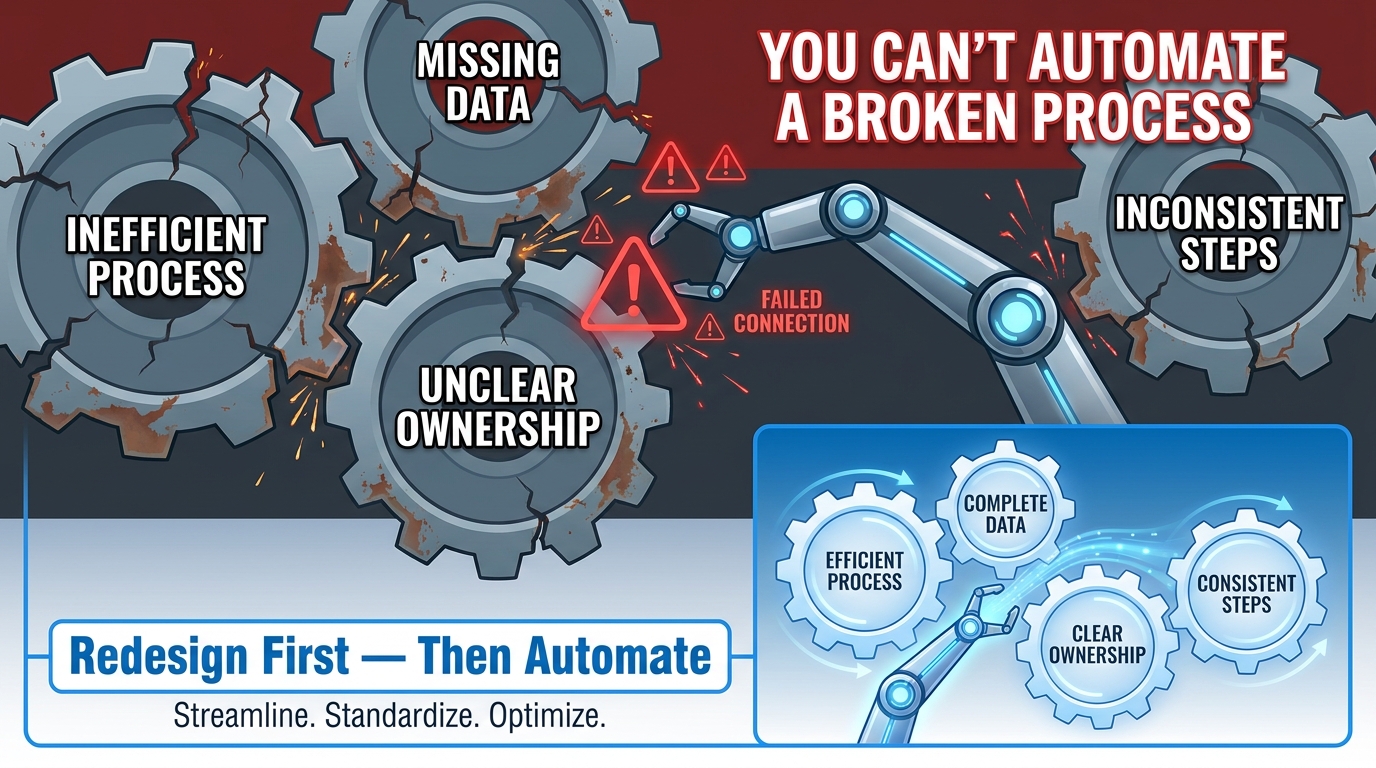 Broken gear system representing flawed business processes that cannot be automated — redesign first, then automate