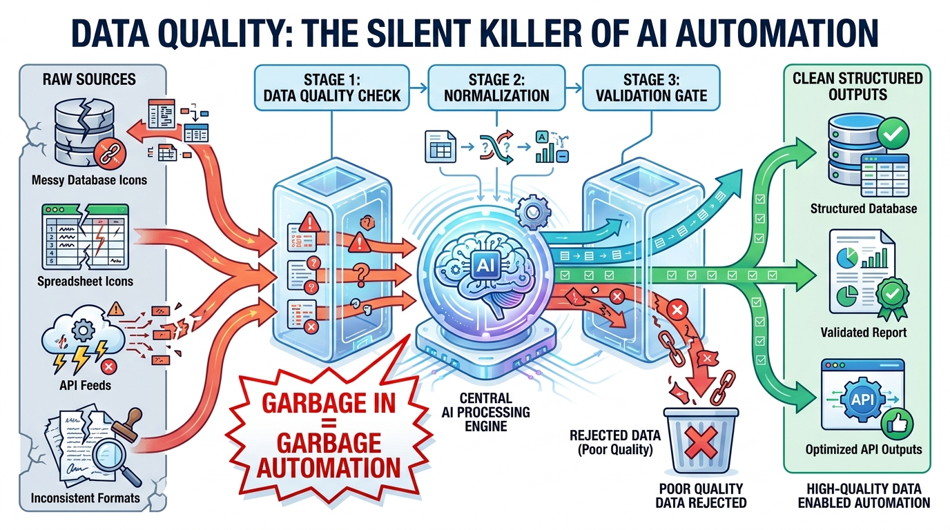Data pipeline infographic showing how poor data quality corrupts AI automation outputs — garbage in equals garbage automation