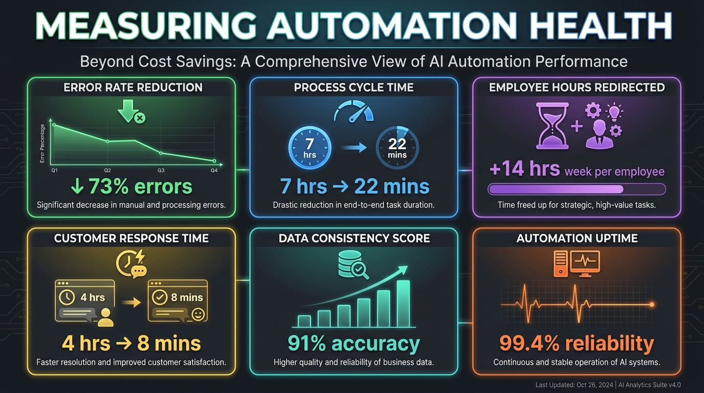 Dashboard showing six AI automation health metrics: error rate reduction, process cycle time, employee hours redirected, customer response time, data consistency, and uptime