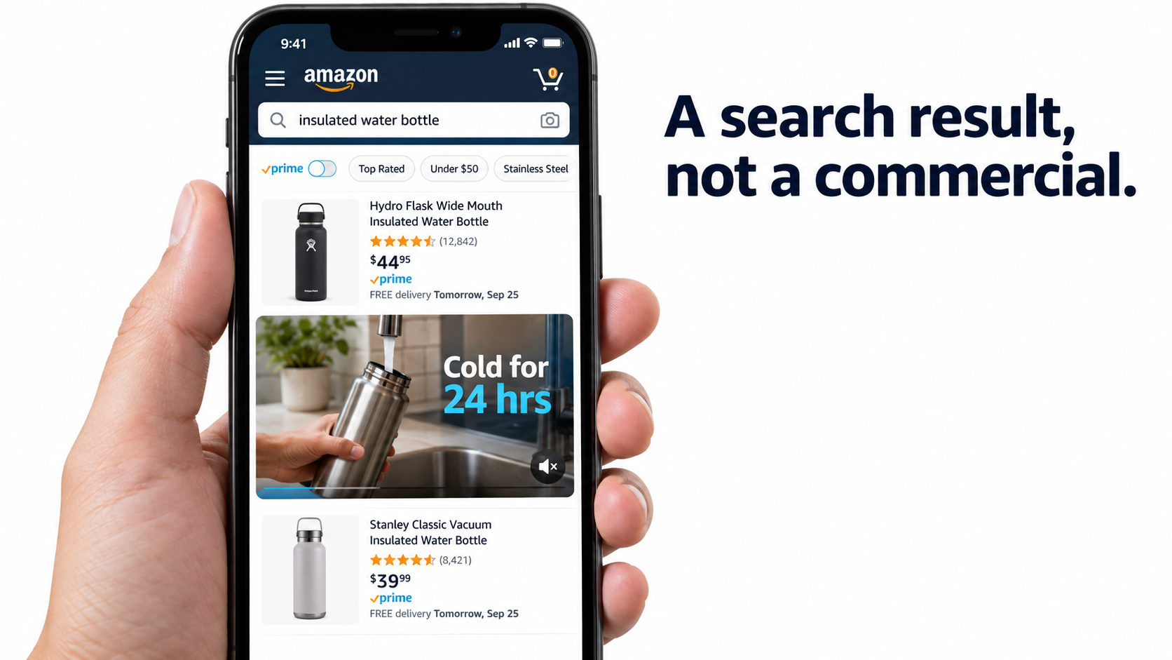 Smartphone showing an Amazon mobile search results page with a muted autoplaying Sponsored Brands video of a water bottle and the overlay text Cold for 24 hrs
