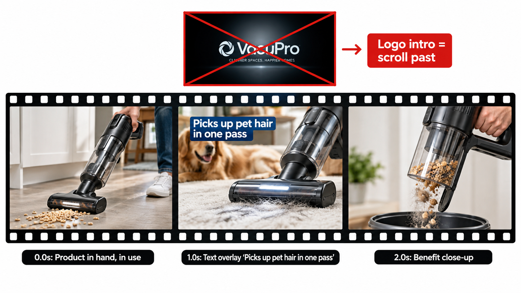 Storyboard of the first three frames of a cordless vacuum video ad with product in use at 0 seconds, a benefit text overlay at 1 second, and a crossed-out logo intro frame