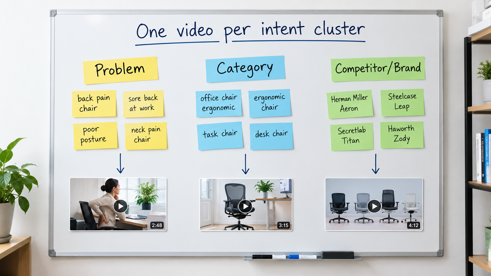 Whiteboard with keyword clusters for problem, category, and competitor searches, each connected to its own video thumbnail, headed One video per intent cluster