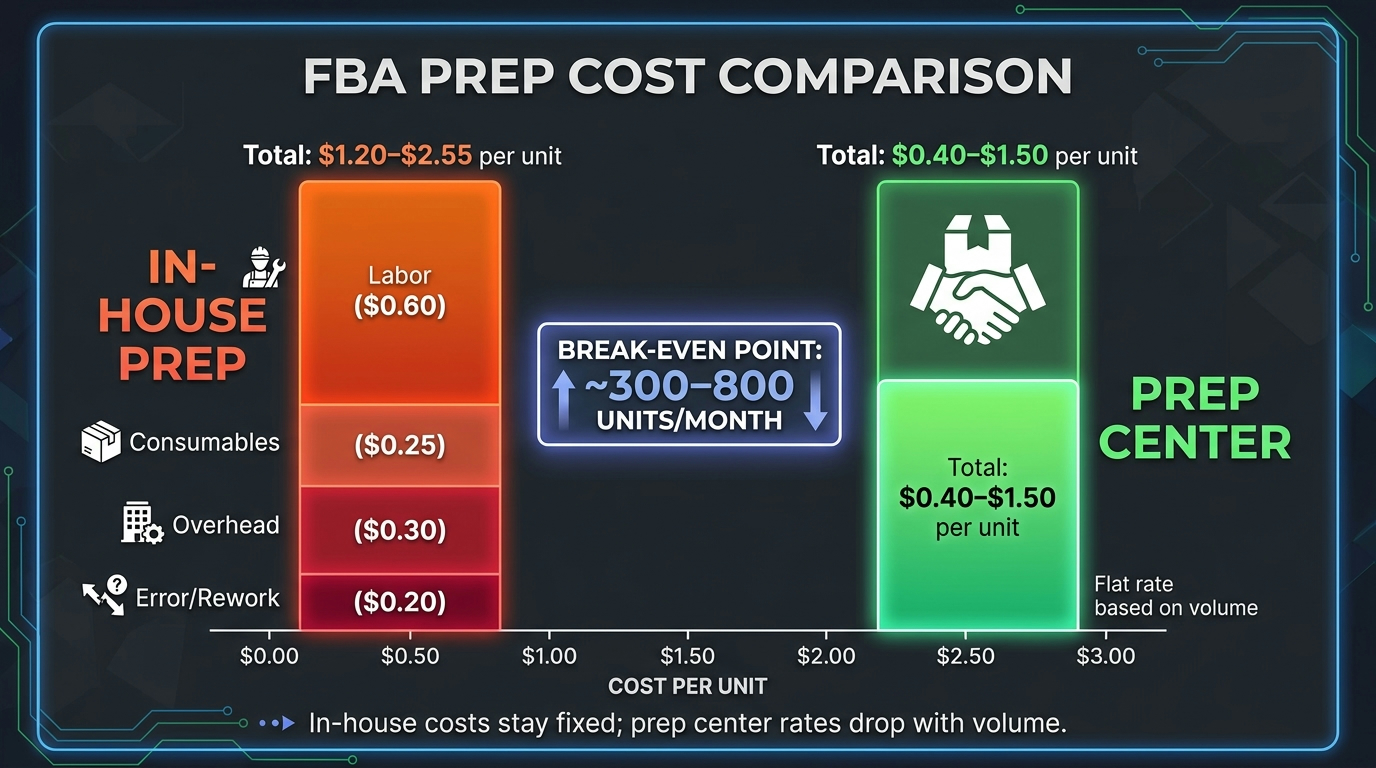 Cost comparison chart: in-house FBA prep at $1.20–$2.55 per unit vs prep center at $0.40–$1.50 per unit with break-even at 300–800 units per month