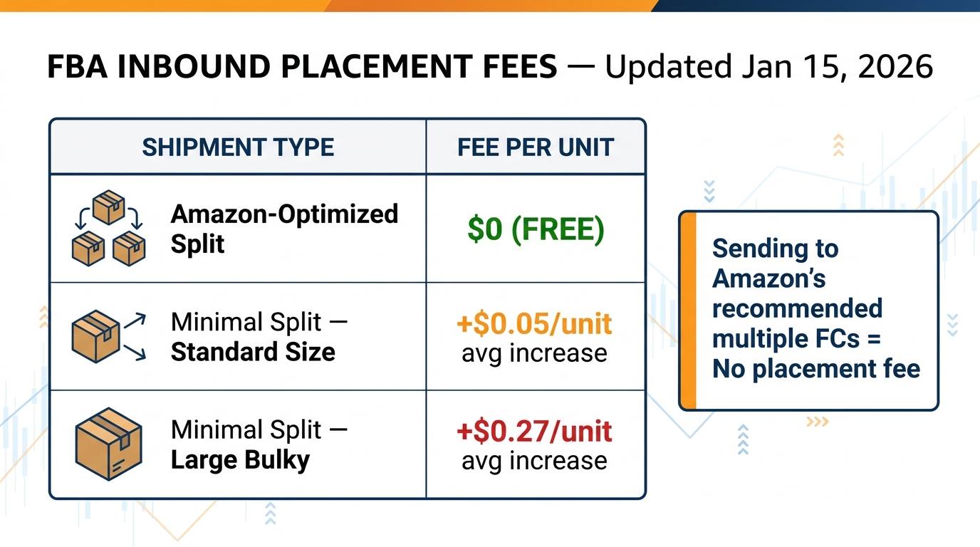 Amazon FBA inbound placement fee structure 2026 — optimized split is free, minimal split costs more