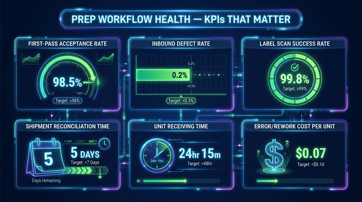 FBA prep workflow KPI dashboard showing first-pass acceptance rate, inbound defect rate, label scan rate, and other key metrics