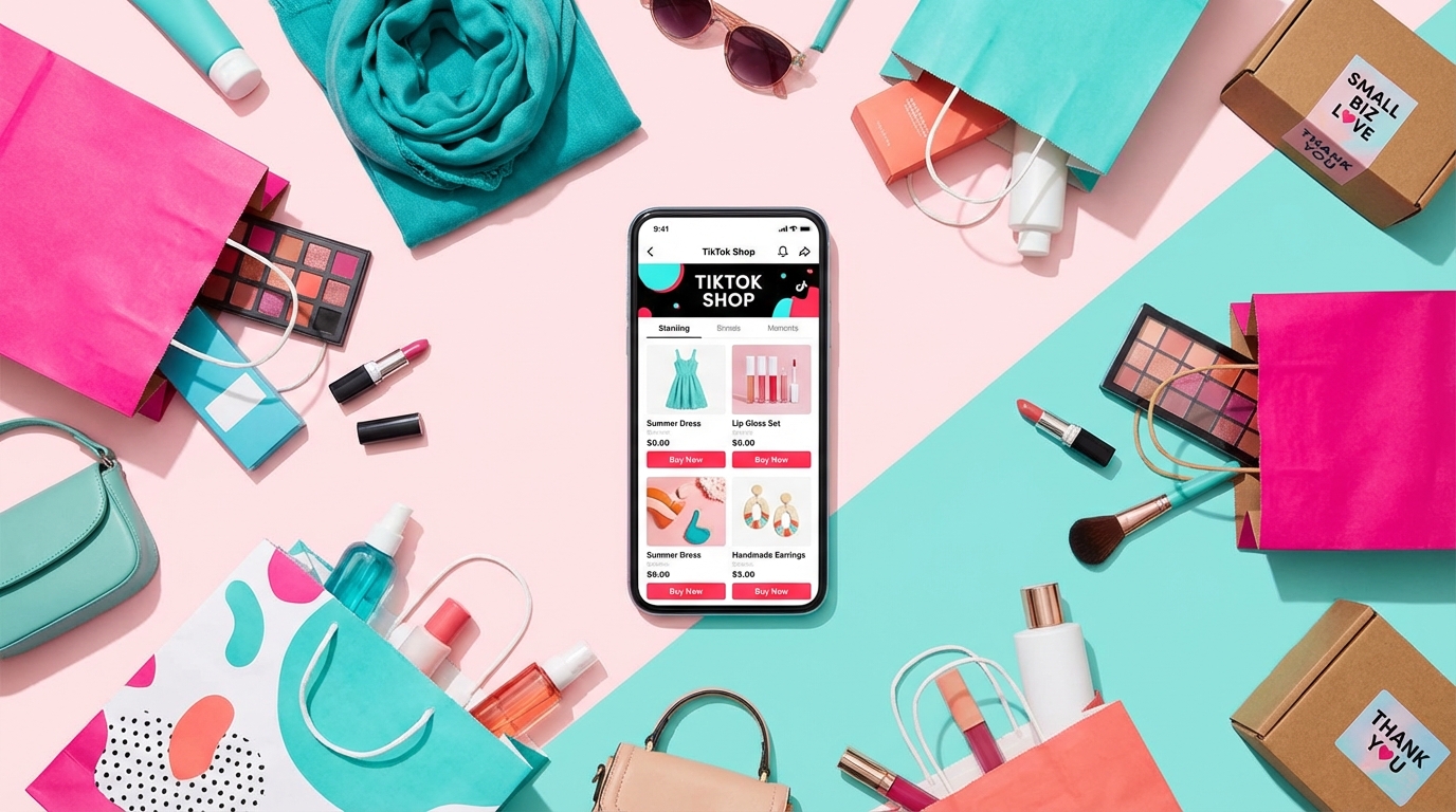 TikTok Shop storefront on a smartphone surrounded by colorful products, shopping bags, and small business packaging