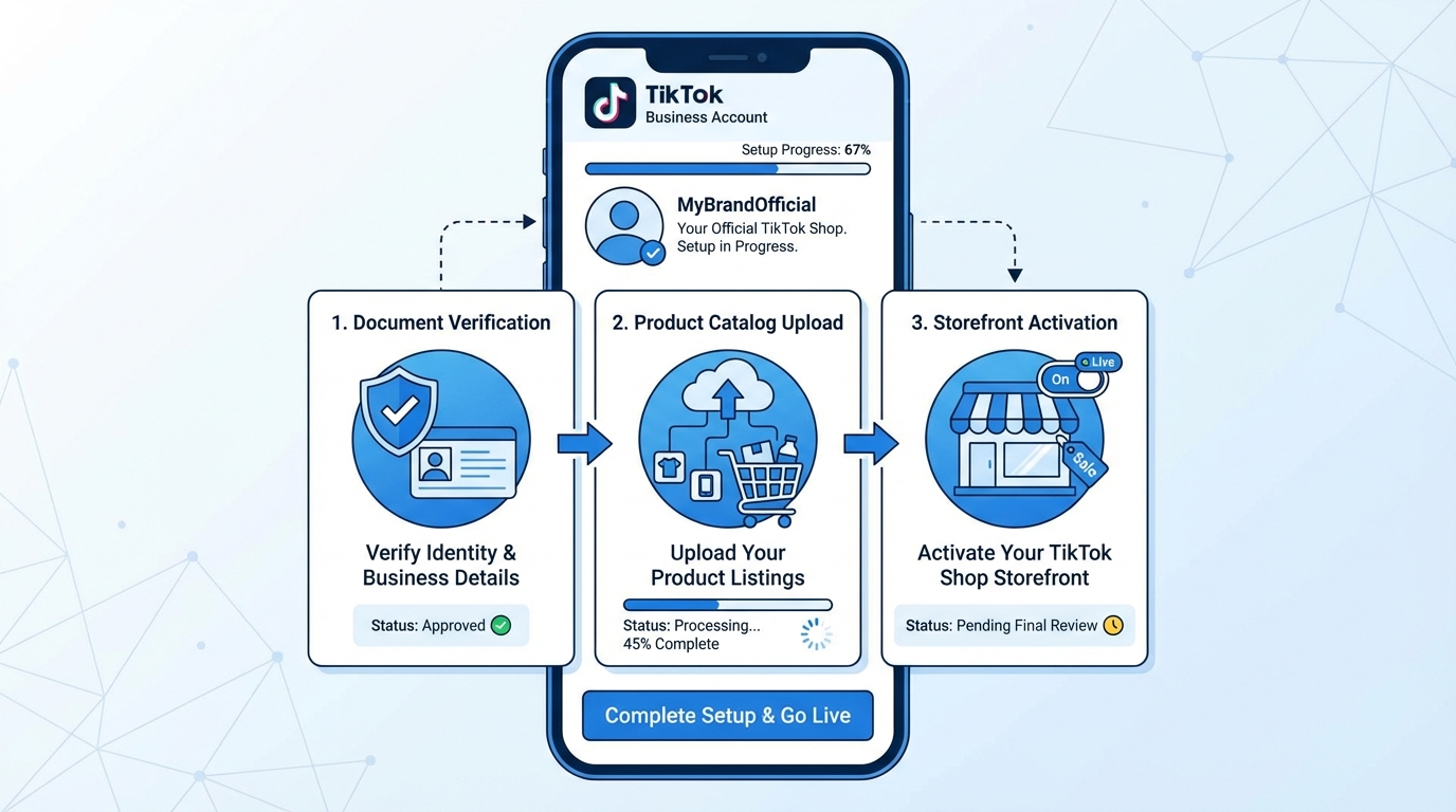 TikTok business account setup process on a smartphone with icons for verification, product catalog, and storefront activation