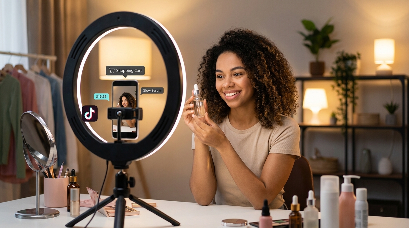Creator filming a shoppable TikTok video with beauty products, ring light setup, and product tag overlays visible on screen
