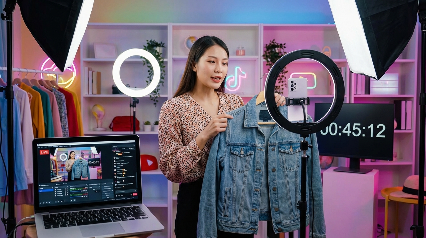 TikTok LIVE shopping session with presenter demonstrating a product, live viewer counter, chat messages scrolling, and countdown timer on screen