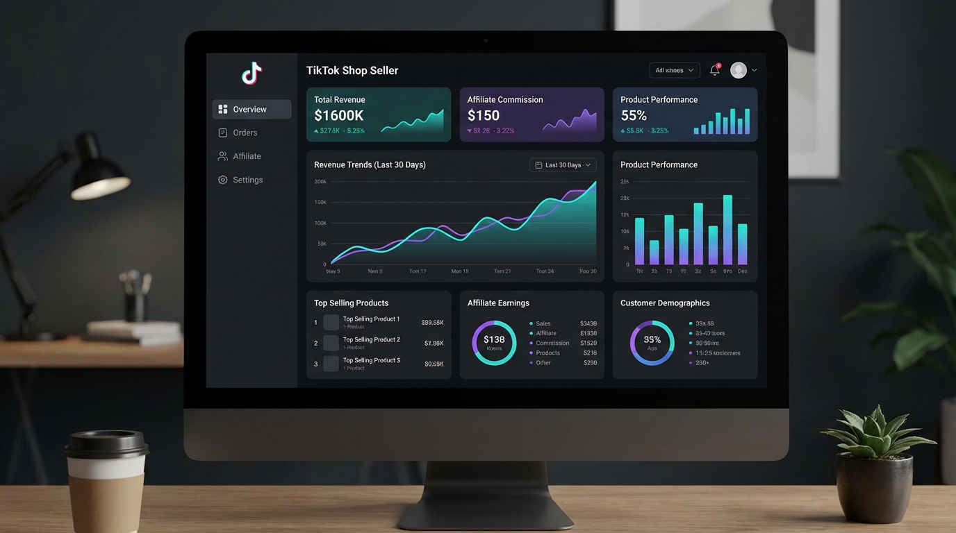 TikTok Shop seller analytics dashboard showing revenue charts, product performance metrics, and GMV growth data