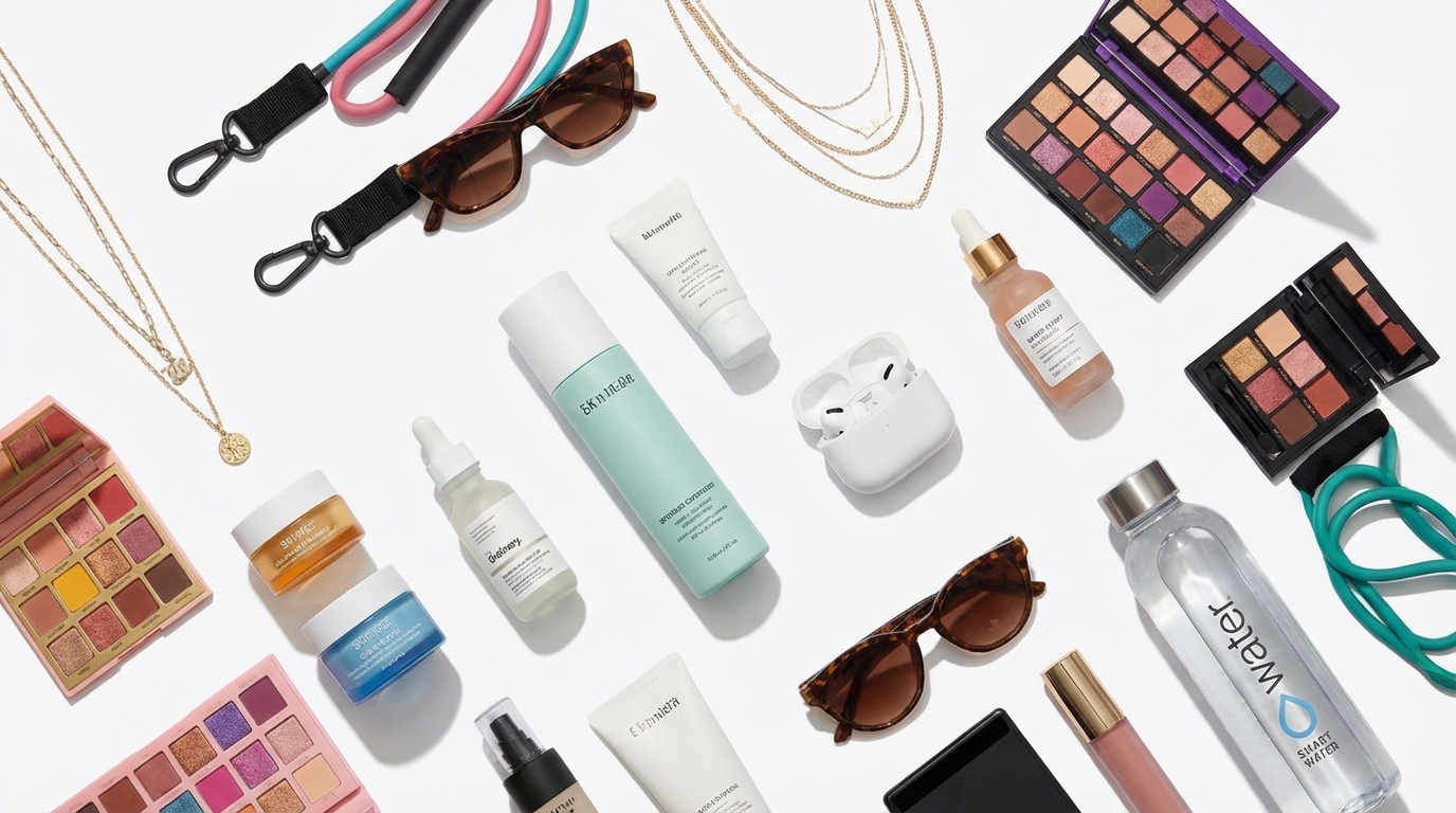 Flat lay of top-selling TikTok Shop product categories including skincare, makeup, fashion accessories, wireless earbuds, and fitness products on a white background