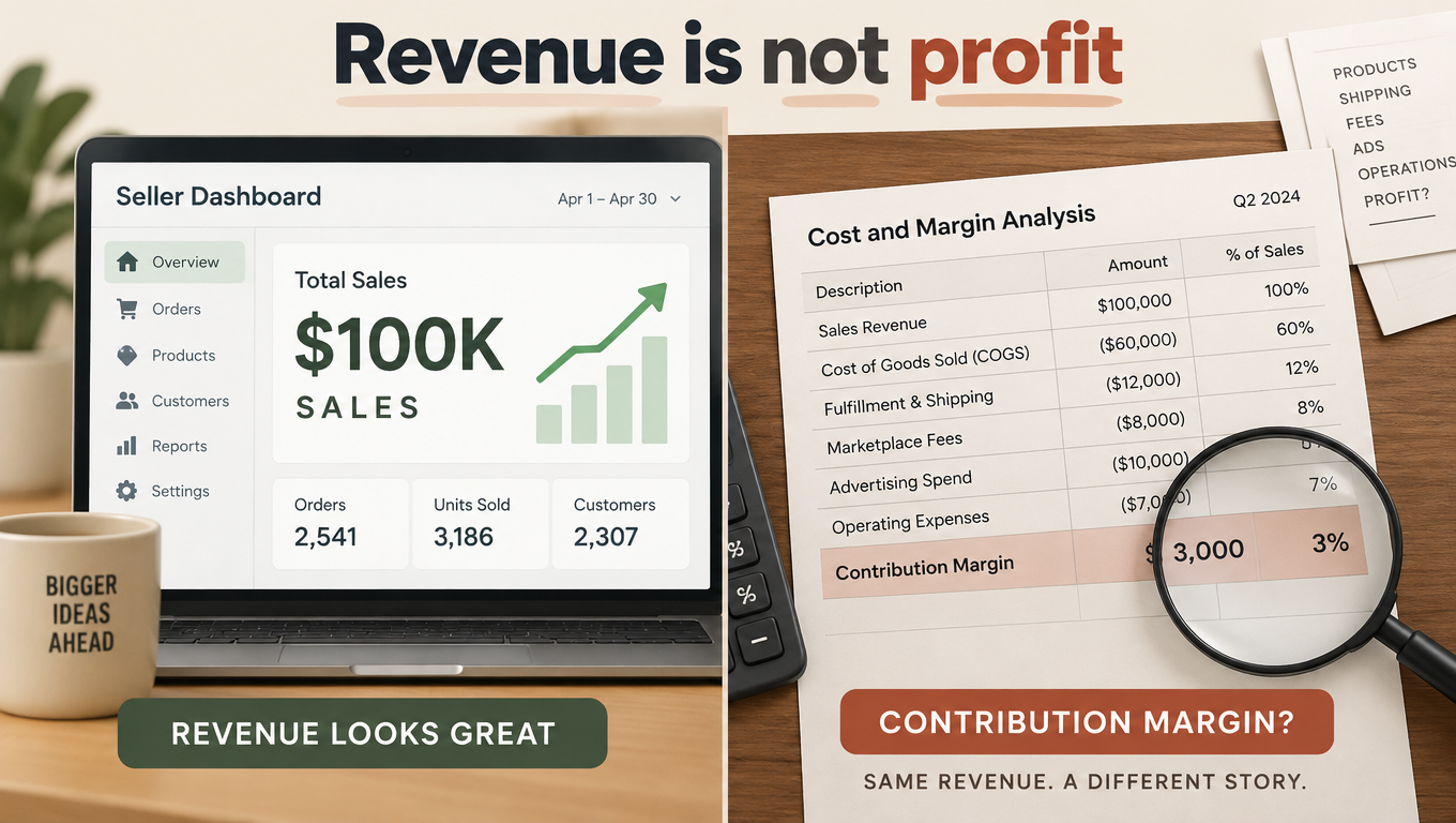 Split infographic contrasting a $100K Amazon sales dashboard with a ledger questioning the actual contribution margin, labeled revenue is not profit