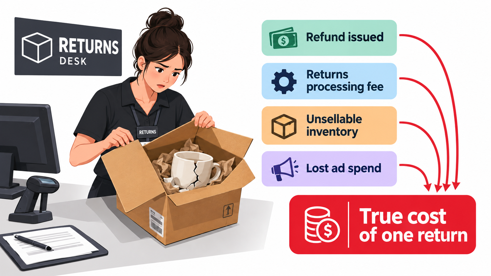 Returned Amazon package with a damaged product and callouts for refund issued, returns processing fee, unsellable inventory and lost ad spend adding up to the true cost of one return