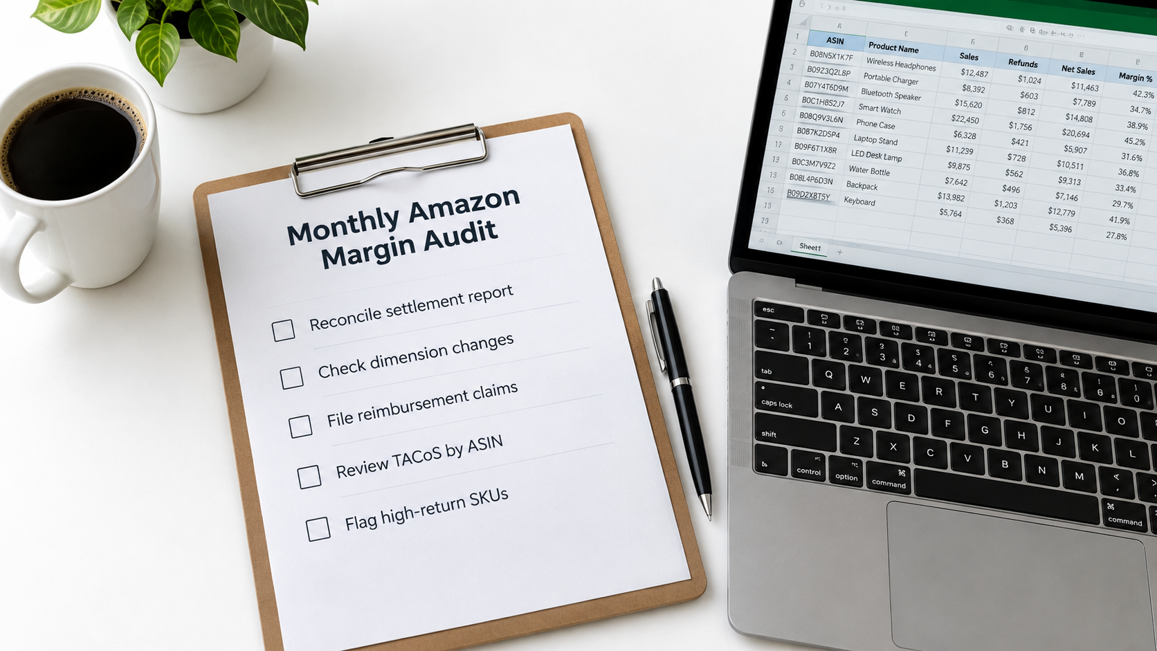 Clipboard with a monthly Amazon margin audit checklist including reconciling settlement reports, checking dimension changes, filing reimbursement claims, reviewing TACoS by ASIN and flagging high-return SKUs