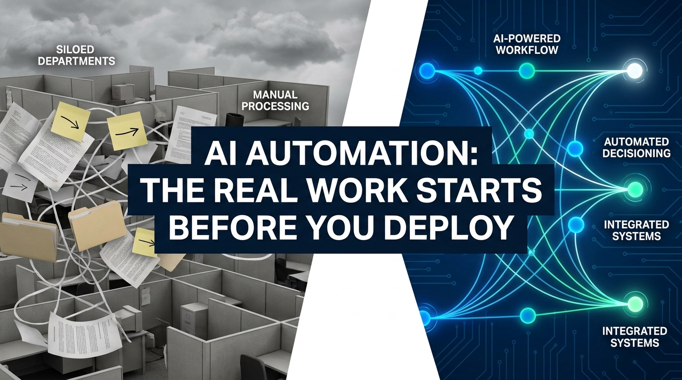 AI automation operating model redesign — tangled legacy workflows transforming into clean AI-powered processes