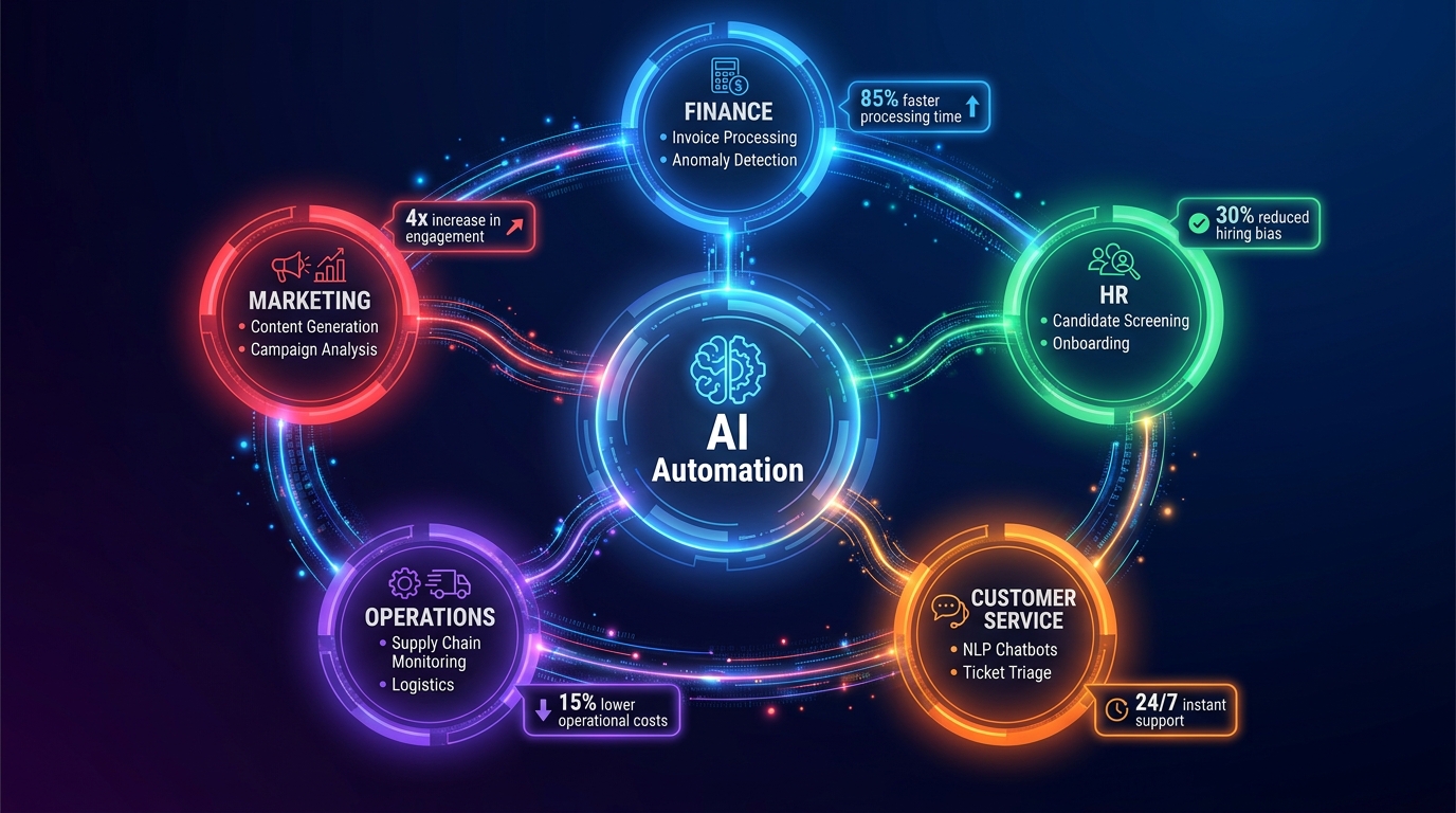 AI automation use cases across finance, HR, customer service, operations, and marketing functions in a hub layout