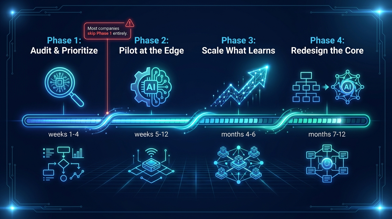 AI automation rollout roadmap showing four phases: Audit and Prioritize, Pilot at the Edge, Scale What Learns, Redesign the Core