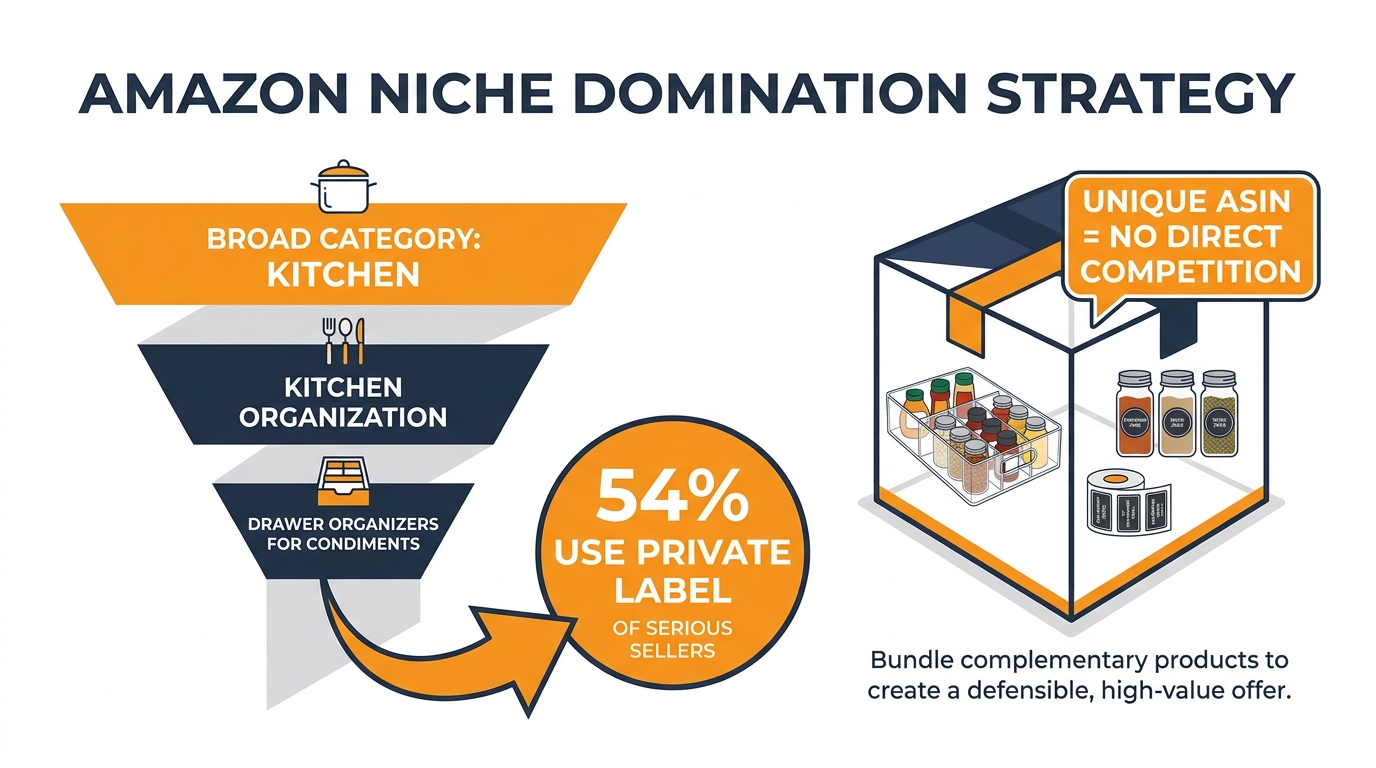 Amazon niche domination funnel infographic showing private label strategy with 54% stat and unique ASIN advantage