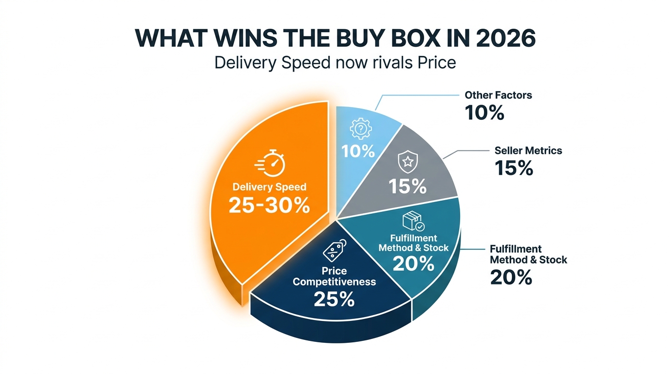 Amazon Buy Box algorithm 2026 pie chart showing delivery speed at 25-30% weighting now rivaling price competitiveness