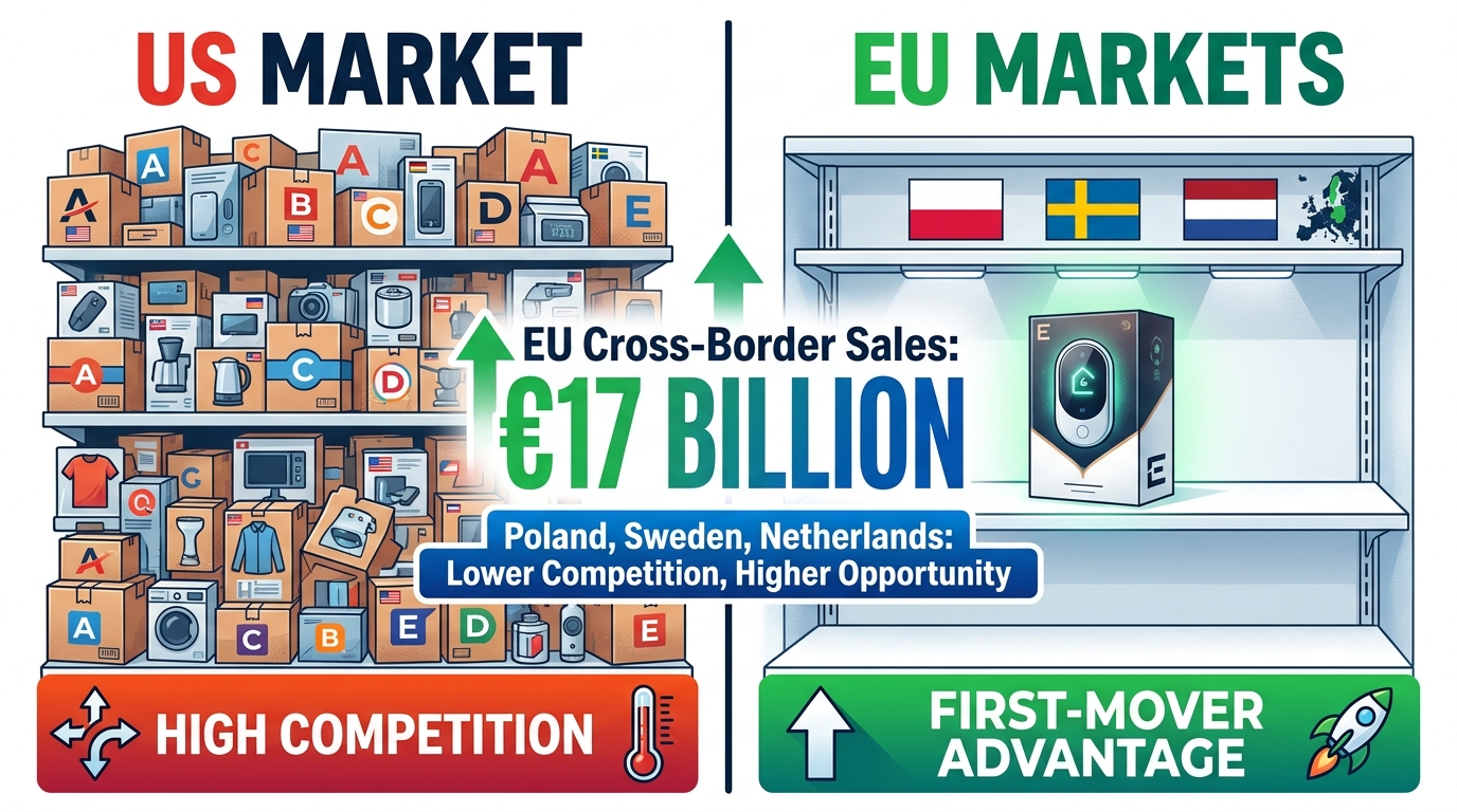 Amazon EU marketplace expansion opportunity versus US market saturation comparison with €17 billion cross-border sales stat