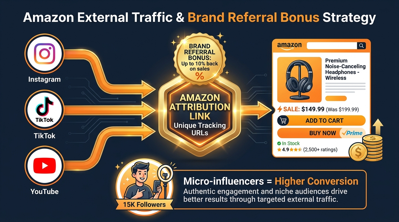 Amazon Attribution external traffic flow diagram showing Brand Referral Bonus up to 10% back from influencer and social media traffic
