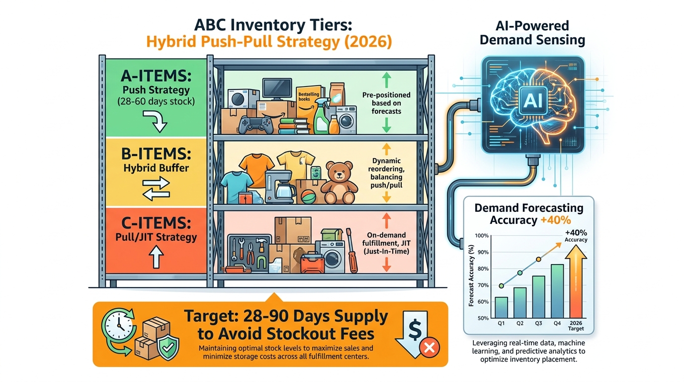 Amazon inventory management hybrid push-pull strategy infographic showing ABC tier system targeting 28-90 days supply