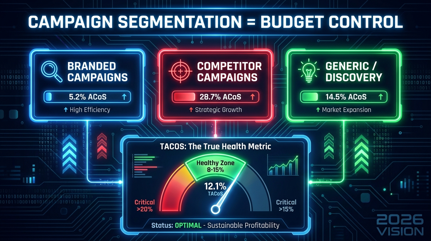 Amazon PPC campaign segmentation showing branded, competitor, and generic campaign types with TACoS health metric gauge