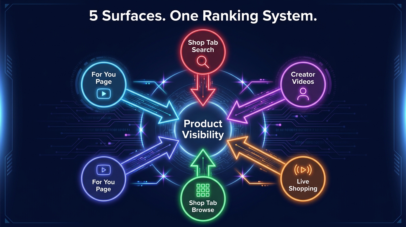 TikTok Shop multi-surface ranking architecture diagram showing five interconnected discovery surfaces