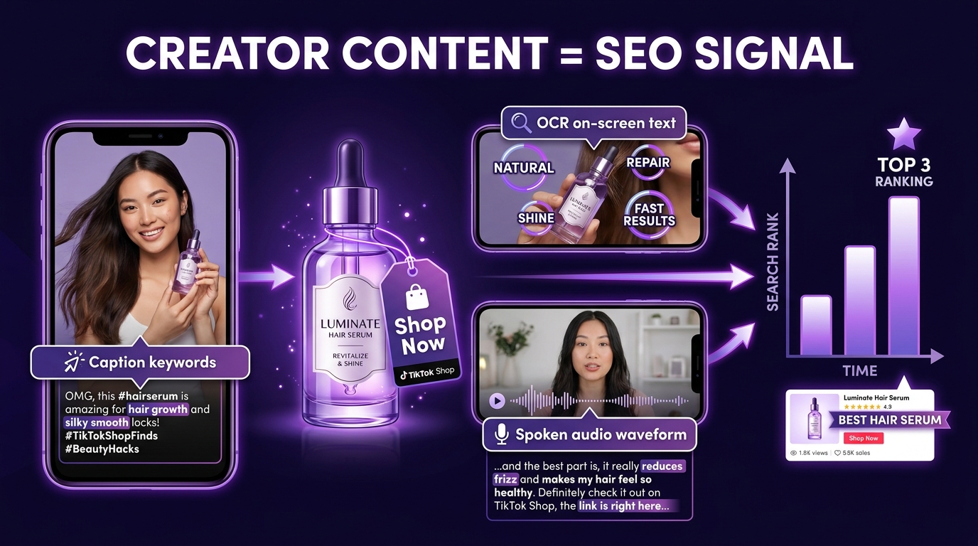 Affiliate creator content feeding SEO signals into TikTok Shop product listings through captions, OCR, and audio indexing