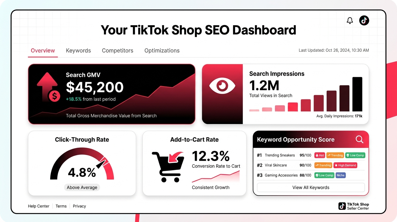 TikTok Shop Seller Center SEO dashboard showing Search GMV, impressions, CTR, add-to-cart rate, and keyword opportunity metrics