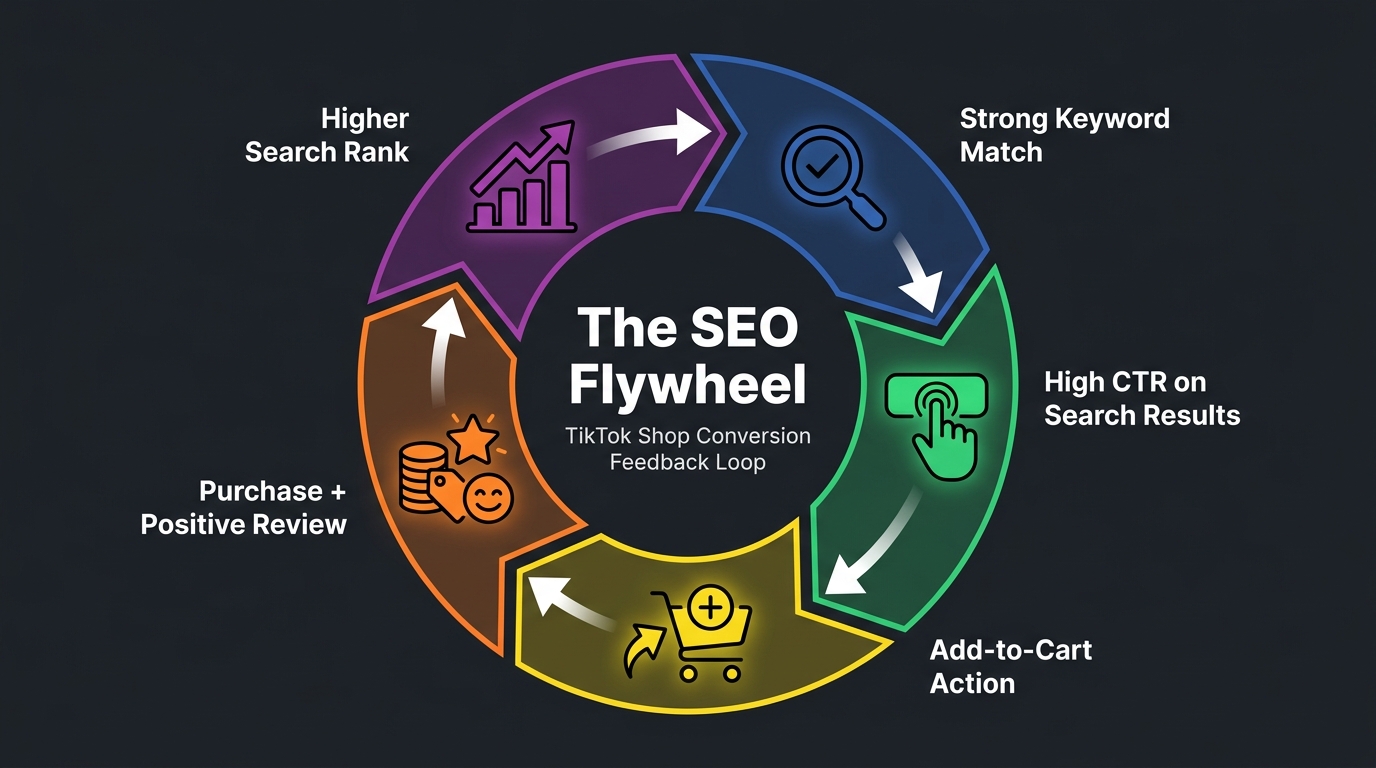 TikTok Shop SEO flywheel diagram showing keyword match leading to CTR, add-to-cart, purchase, review, and higher ranking in a continuous cycle
