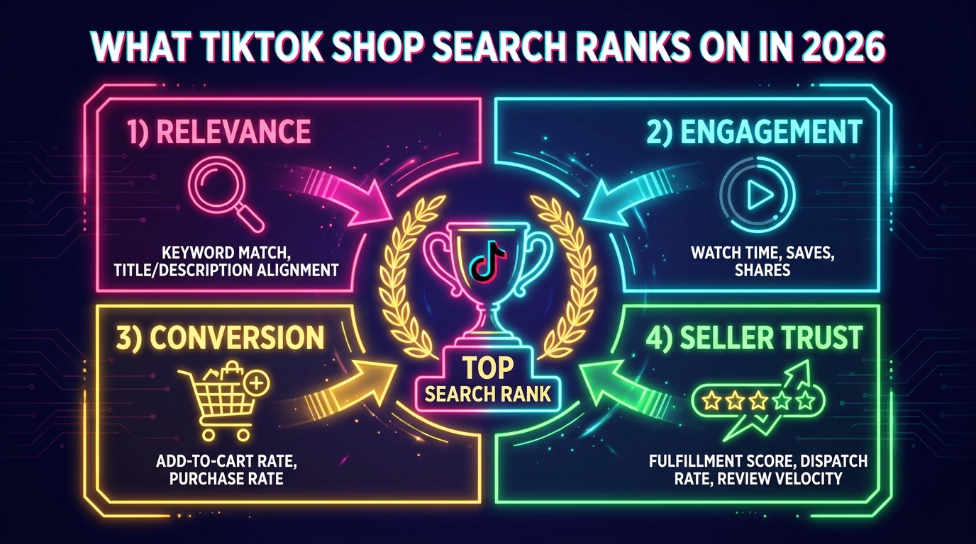 Diagram of TikTok Shop's four search ranking pillars: relevance, engagement, conversion, and seller trust