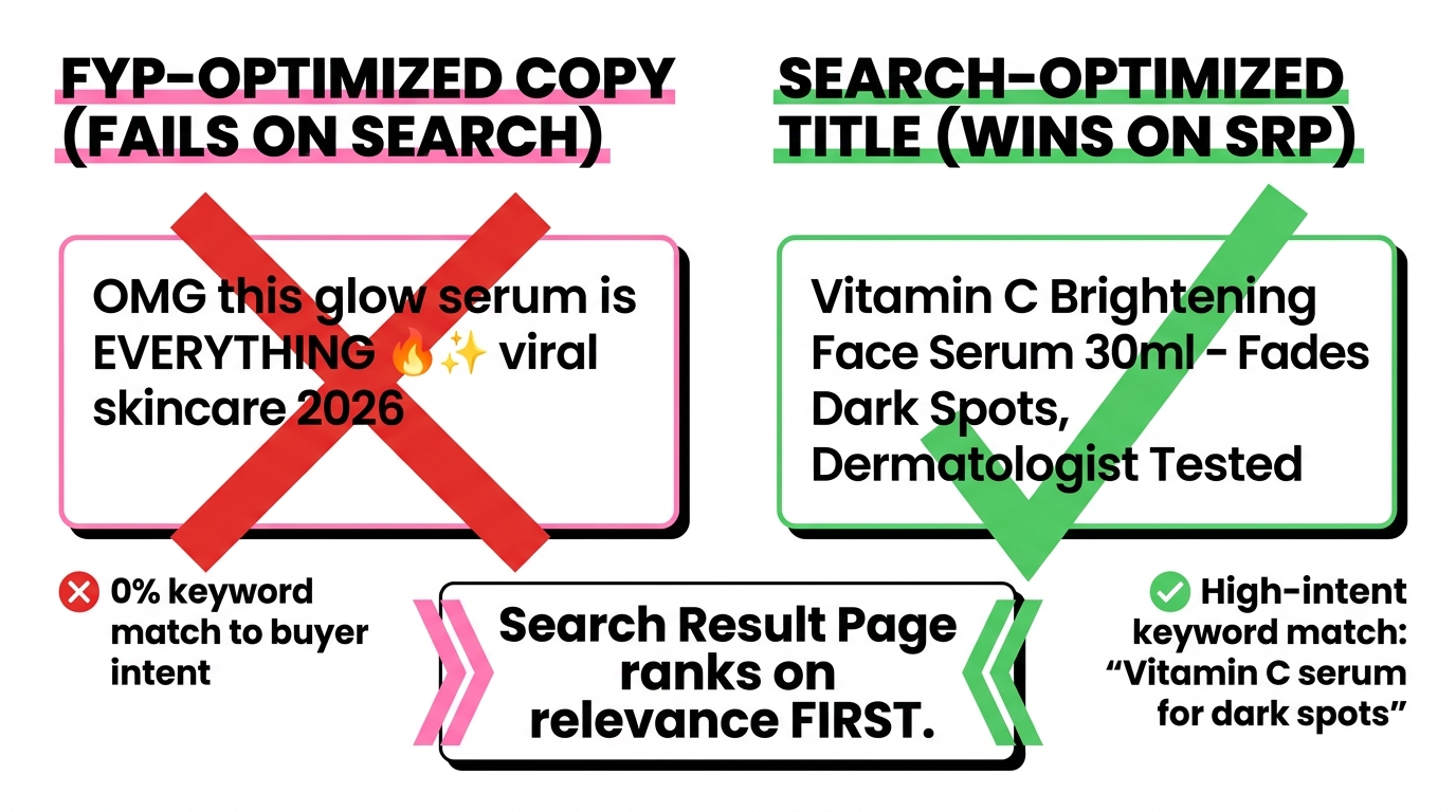 Comparison of FYP-optimized product title vs search-optimized title for TikTok Shop SRP — showing what works and what fails