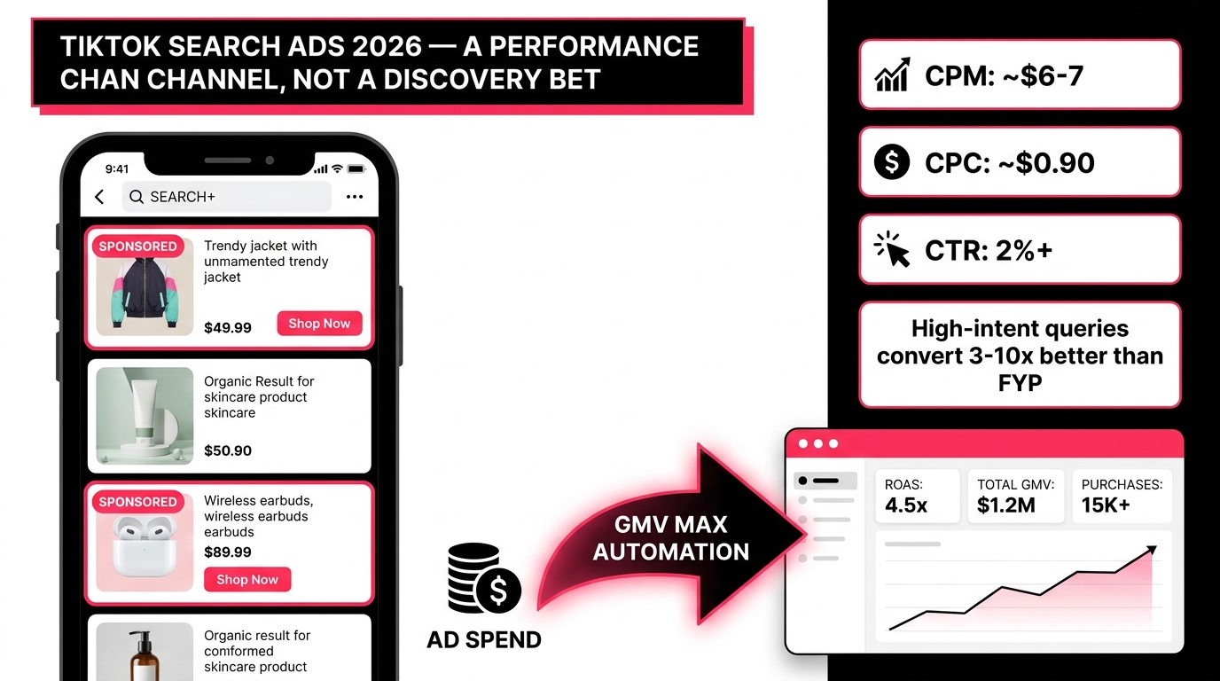 TikTok Shop Search Ads SEARCH+ placement strategy 2026 — CPM, CPC benchmarks and GMV Max automation infographic