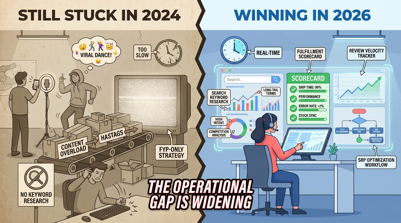 Illustration of the operational gap between sellers using 2024 TikTok strategies vs 2026 search-first approach
