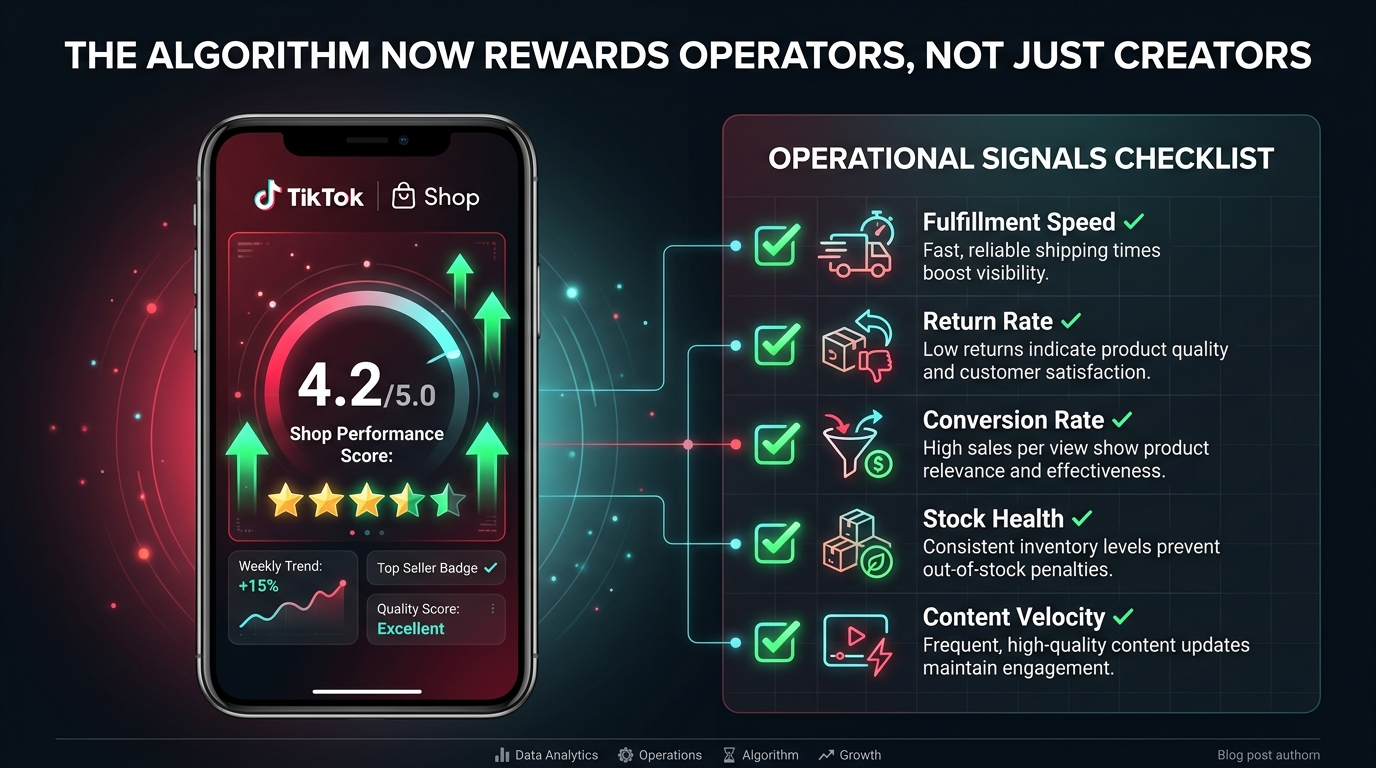 TikTok Shop algorithm operational signals infographic: Shop Performance Score dashboard with fulfillment, conversion rate, stock health and content velocity checklist — The Algorithm Now Rewards Operators, Not Just Creators