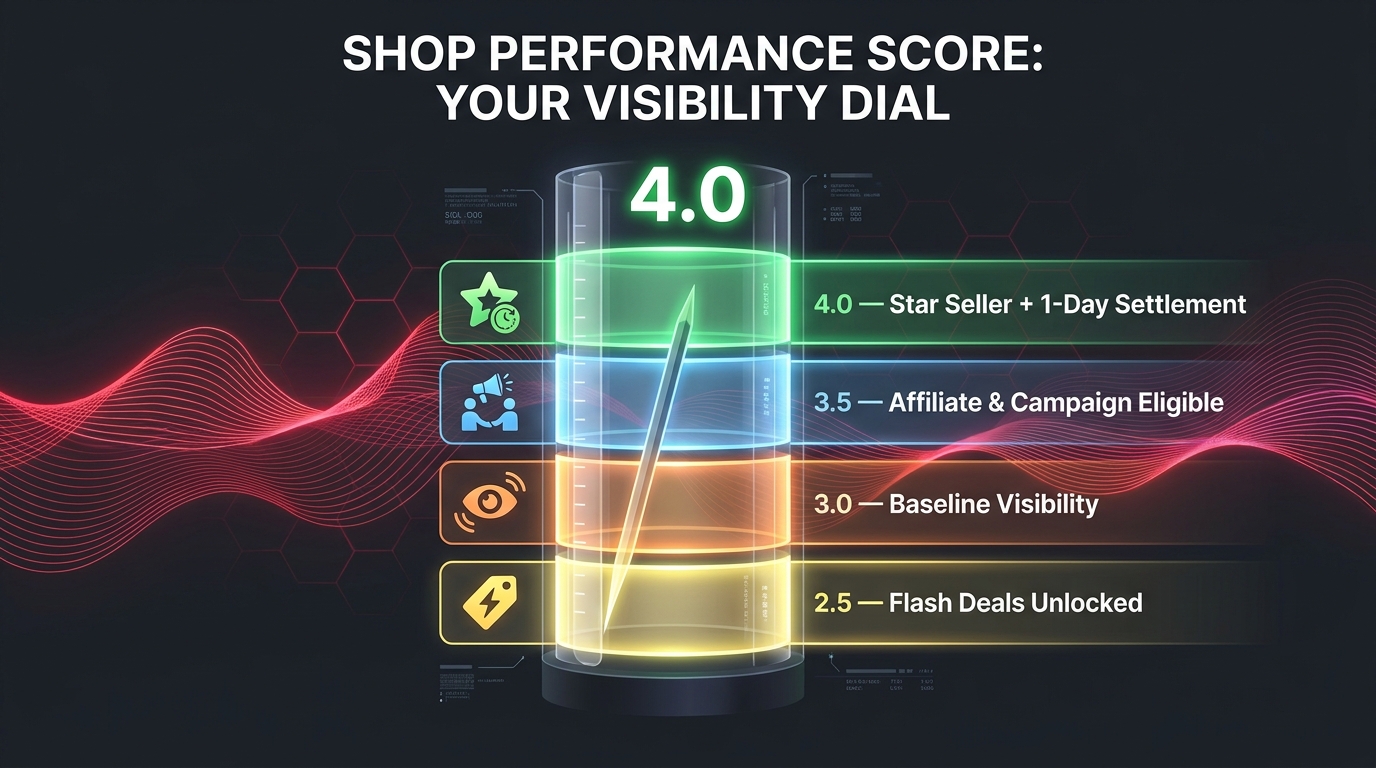 TikTok Shop Performance Score threshold levels infographic showing 2.5, 3.0, 3.5 and 4.0 unlock bands for Flash Deals, Affiliate eligibility, Star Seller and 1-day settlement