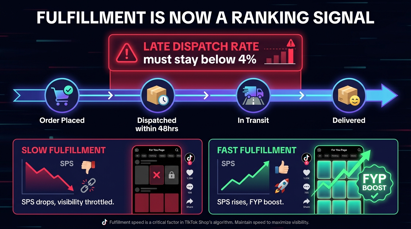 TikTok Shop fulfillment speed as algorithm ranking signal — late dispatch rate below 4% required, comparison of slow vs fast fulfillment impact on SPS and FYP visibility